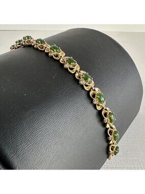 Gold Tone Nephrite Jade Oval Cabochon Flower Link Bracelet, Mid-Century 7.5 Inch